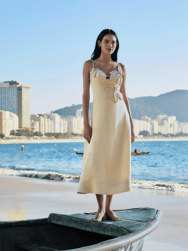 Sand Flowered Bust Midikleid