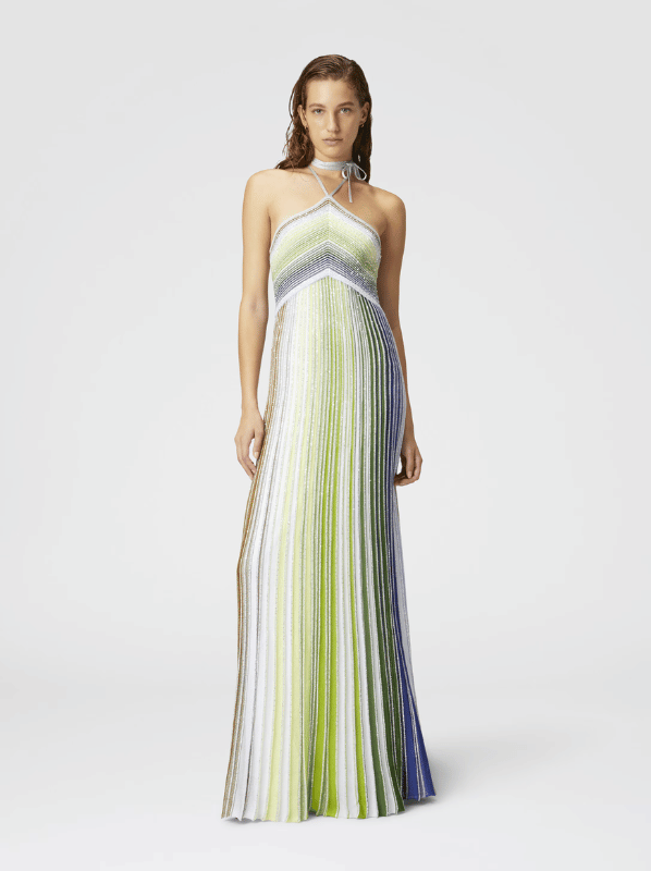 Long striped dress with sequins and neck closure