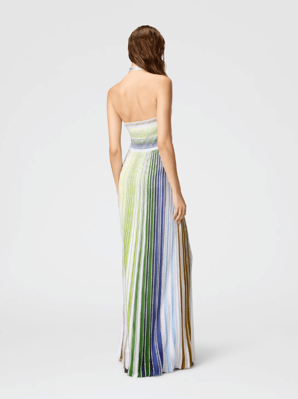 Long striped dress with sequins and neck closure