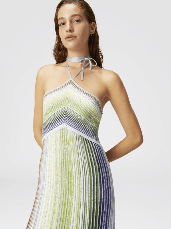 Long striped dress with sequins and neck closure