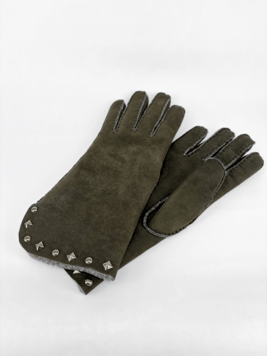 Leather Gloves with Studs Green